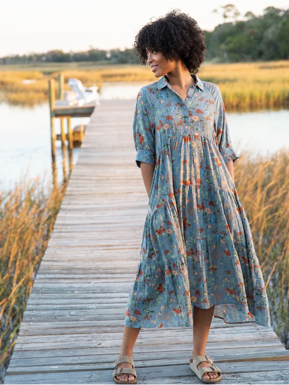 Natural Life Blue Floral Boho Midi Dress Sz M Hi Low Tiered Cottagecore Coastal